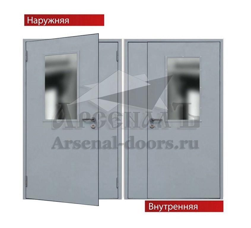 Двустворчатая техническая дверь со стеклом Порошок с 2х сторон