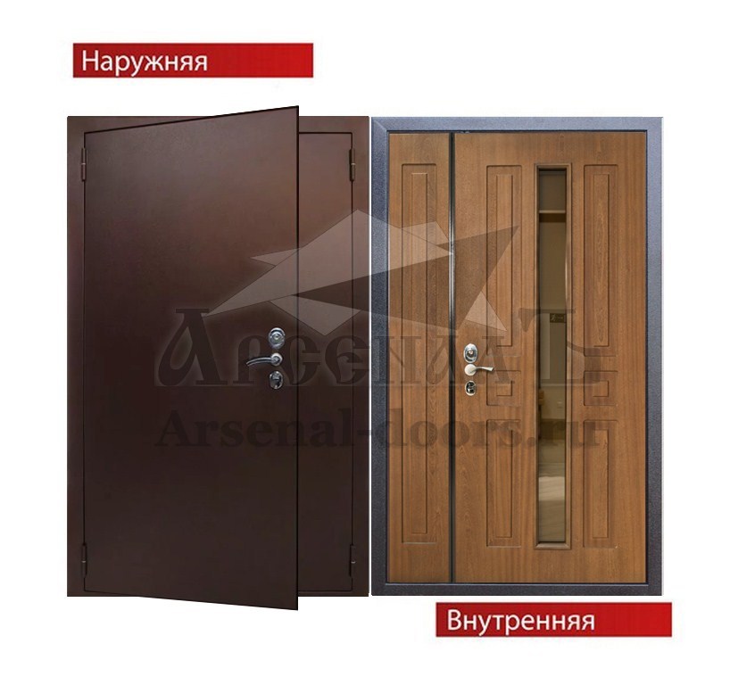 Стальная двустворчатая дверь с зеркалом Порошок - МДФ шпон